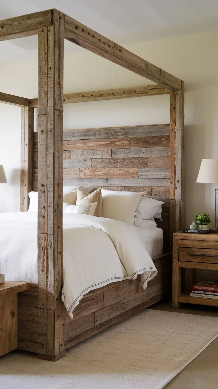 Wake up to the quiet beauty of this rustic retreat. The weathered wood bed frame, a testament to time and craftsmanship, anchors the space, creating a sanctuary of calm and understated elegance. A simple nightstand and soft lighting complete the serene atmosphere.