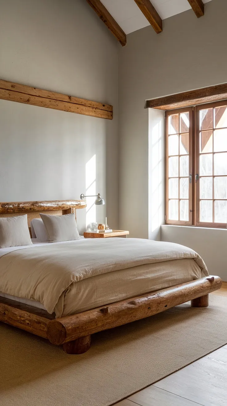 Drift off to sleep in this tranquil haven. The rustic wood bed frame, complemented by the neutral color palette and warm lighting, offers a sanctuary of peace and quiet. A space designed for relaxation and rejuvenation, where modern comfort meets rustic appeal.