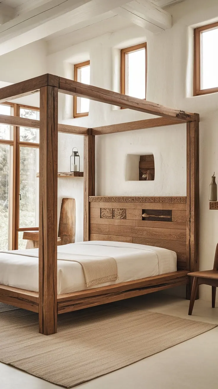 Find your sanctuary in this exquisitely designed bedroom. The handcrafted wooden headboard, the warm glow of natural light, and the carefully chosen rustic accents all contribute to a space that feels both luxurious and effortlessly peaceful. A true haven for rest and rejuvenation.