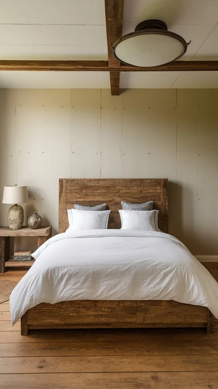 Find your peace in this beautifully appointed bedroom. The rustic wood bed frame, paired with crisp white bedding, offers a haven of tranquility. A simple yet elegant space, perfect for restful nights and rejuvenating mornings. A true escape.