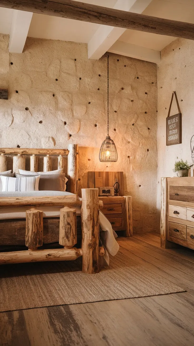 Drift off to sleep in this rustic haven, where the warmth of the wood and stone create a sanctuary of comfort and style. The handcrafted log headboard and carefully chosen rustic furniture pieces, including a charming nightstand and dresser, tell a story of enduring quality and timeless design. A woven rug adds a touch of texture underfoot, completing this cozy retreat.