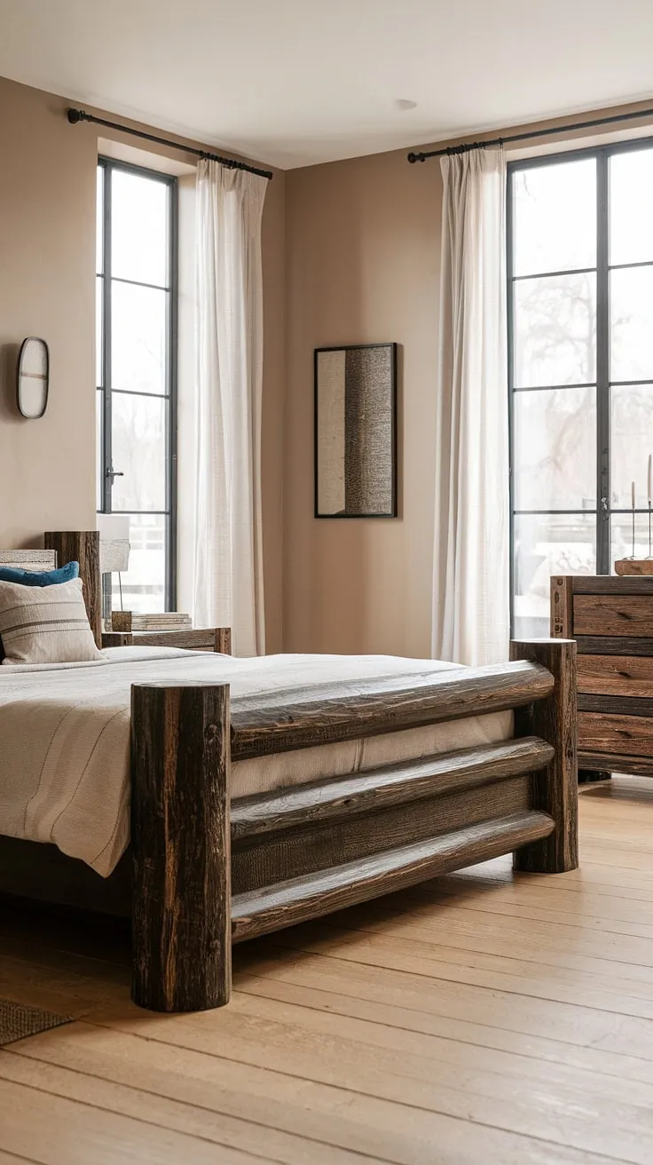 Wake up to the serenity of this modern rustic bedroom. The rich, dark wood of the bed frame anchors the space, complemented by the light wood floors and minimalist decor, creating a calming and inviting atmosphere. A perfect blend of rustic charm and contemporary comfort.