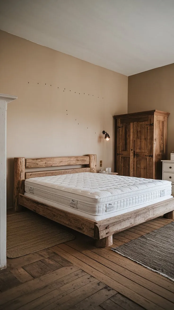 Find your sanctuary in this beautifully appointed bedroom. The rustic wood bed, paired with a luxurious mattress, promises unparalleled comfort. Subtle details, like the aged wood wardrobe and the soft lighting, contribute to an atmosphere of calm and understated elegance. A haven designed for relaxation and rejuvenation.