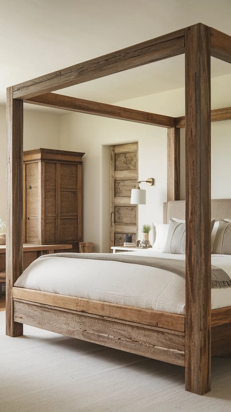 Wake up to the warmth of this modern rustic bedroom. The handcrafted wood bed frame, a testament to simple elegance, anchors the space, creating a sanctuary of calm and comfort. A truly inviting retreat.