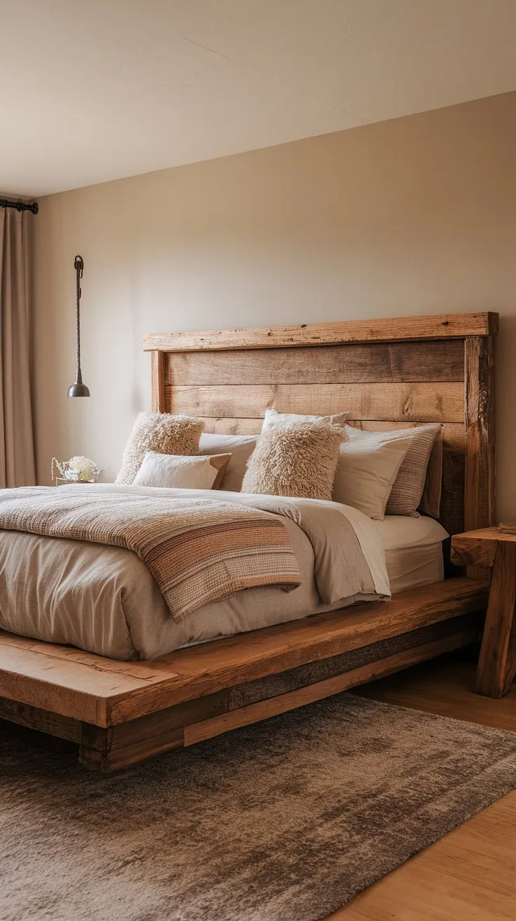 Drift off to sleep in this haven of modern rustic charm. The rich wood tones of the bed frame and nightstand, complemented by the plush rug and soft bedding, create a space that's both inviting and effortlessly stylish. A perfect blend of comfort and sophisticated design.