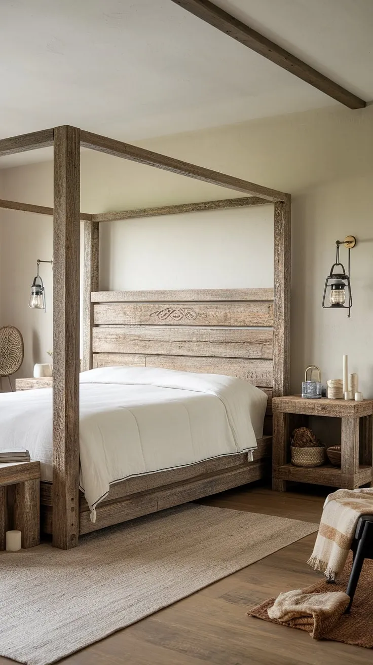 Drift off to sleep in this sanctuary of modern rustic charm. The weathered wood bed frame, a testament to enduring style, anchors the space, complemented by soft textures and thoughtful details. A perfect blend of comfort and character.