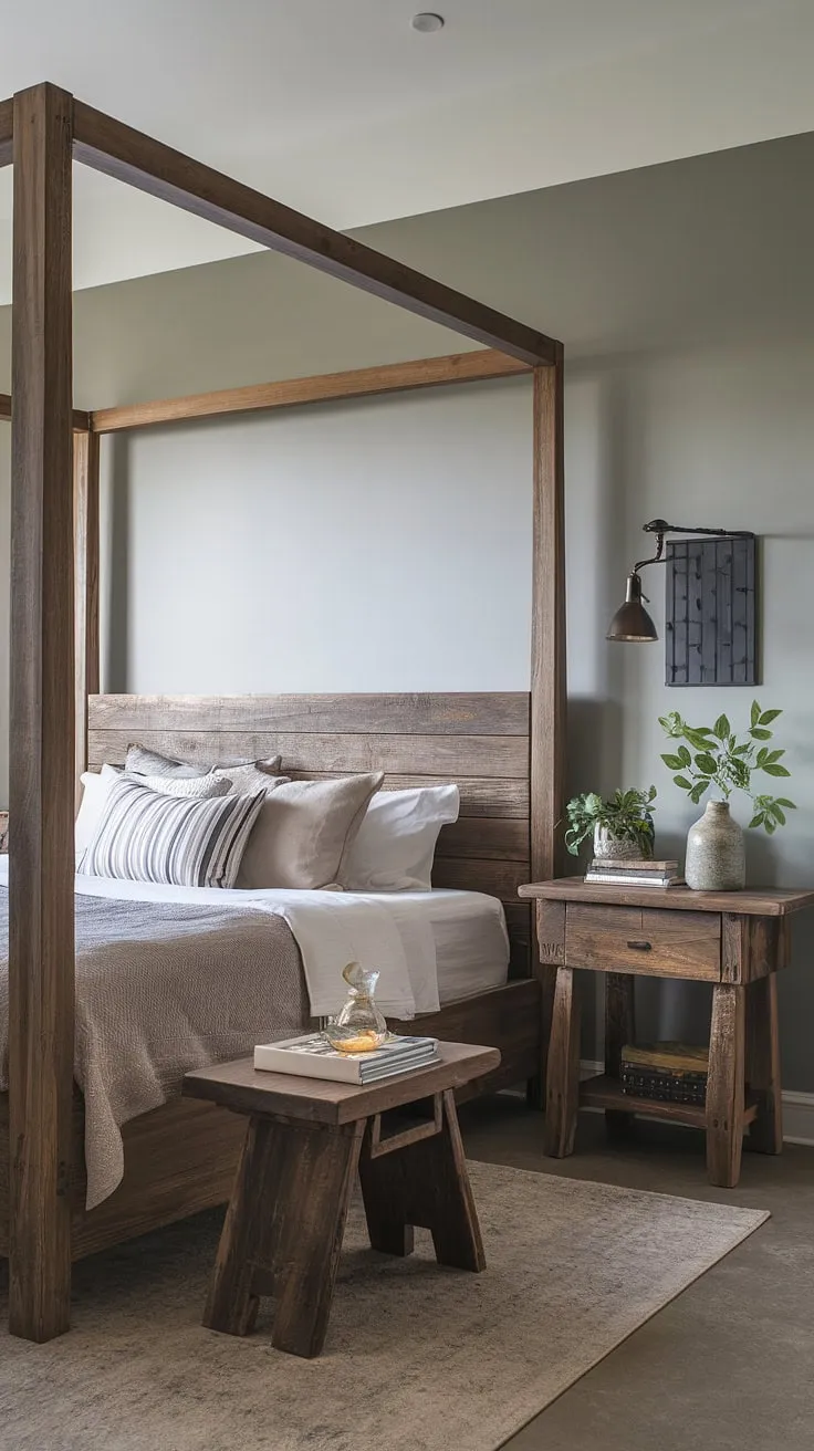 Find your sanctuary in this beautifully appointed bedroom. The rustic wood bed, complemented by a small wooden side table and carefully chosen décor, creates a space that is both calming and sophisticated. A perfect blend of modern and rustic design elements.