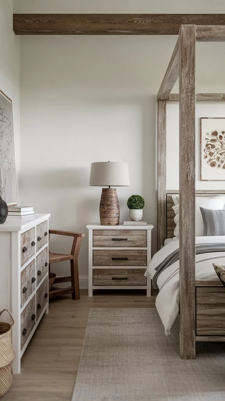 Wake up to the calming embrace of this modern rustic bedroom. The weathered grey wood furniture, paired with crisp white walls and soft lighting, creates a sanctuary of peaceful serenity. A perfect blend of rustic charm and contemporary comfort.