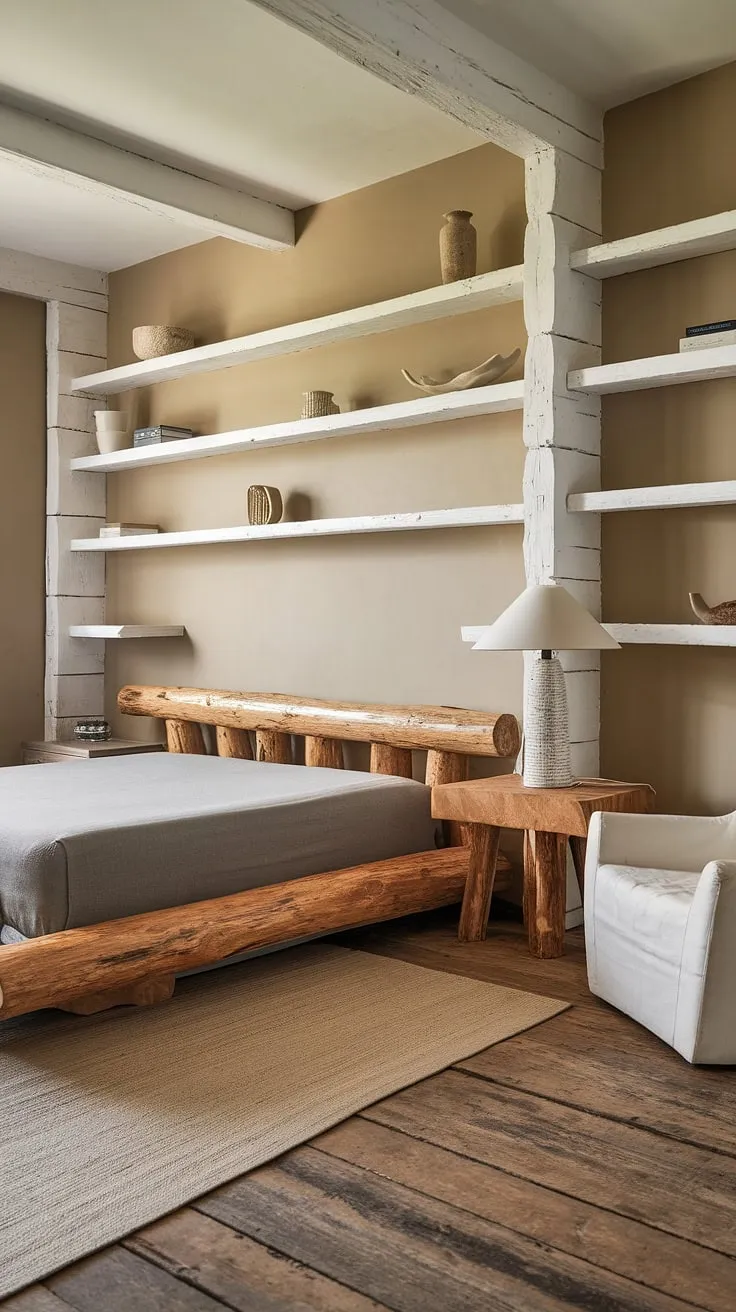Find your haven in this thoughtfully designed bedroom. The rustic wood bed frame, paired with the neutral color palette and simple white accents, offers a serene and inviting atmosphere. A space where relaxation meets refined style.