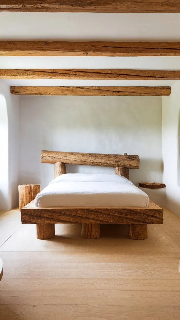 Drift off to sleep in this sanctuary of rustic charm. The handcrafted wooden bed, with its substantial frame and natural log headboard, is the centerpiece of this calming bedroom. The simple elegance of the design, enhanced by the light wood floors and white walls, creates a space that is both inviting and sophisticated. A small wooden table provides a convenient surface.