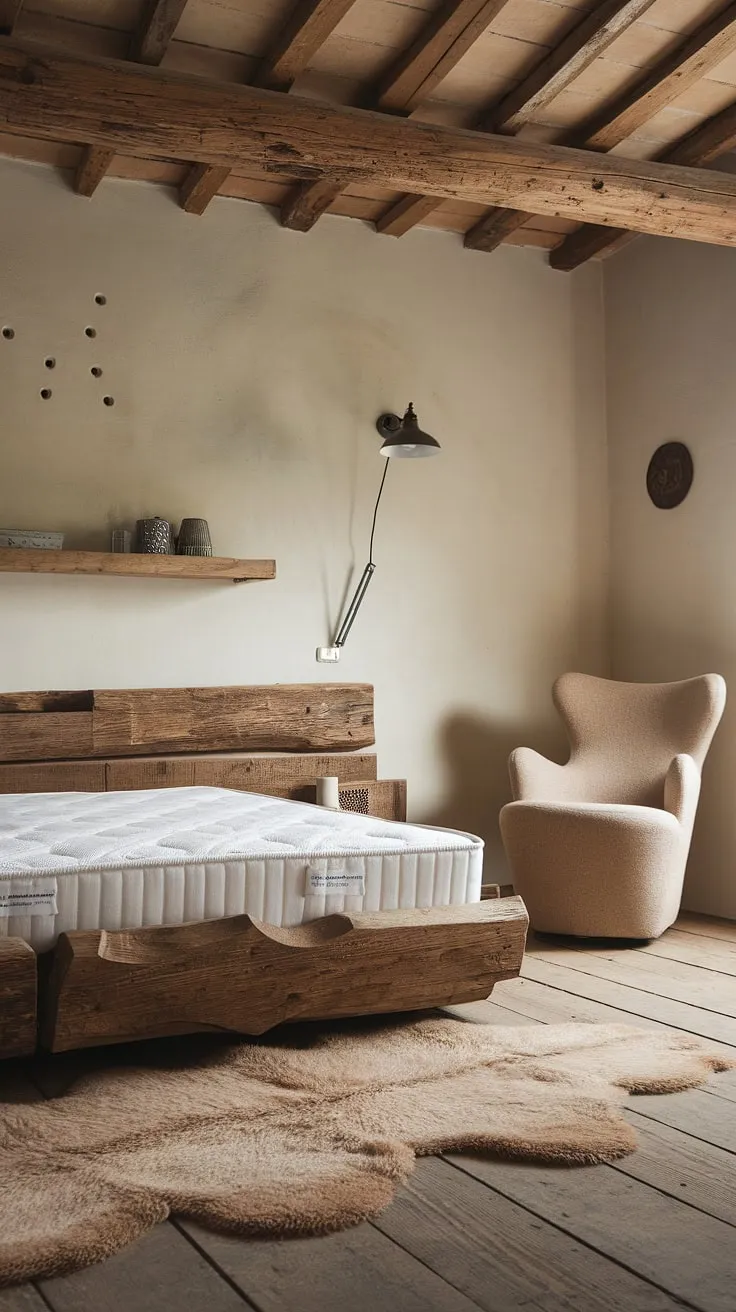 Drift off to sleep in this idyllic retreat, where rustic wood meets modern minimalism. The handcrafted bed frame, soft sheepskin, and warm lighting create a haven of peace and relaxation. Every detail, from the exposed beams to the thoughtfully placed chair, contributes to the room's inviting and effortlessly stylish atmosphere. A true testament to the beauty of imperfection.