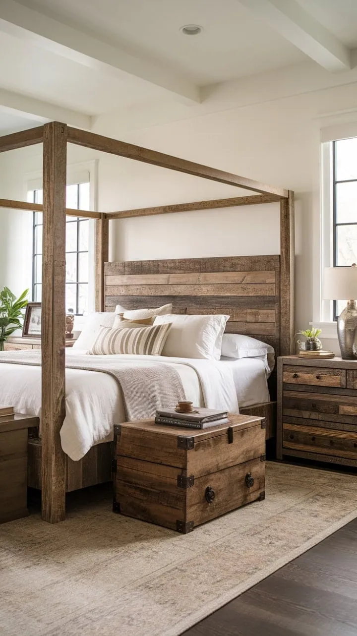 This modern rustic bedroom blends natural textures and earthy tones into a sophisticated sanctuary of calm.