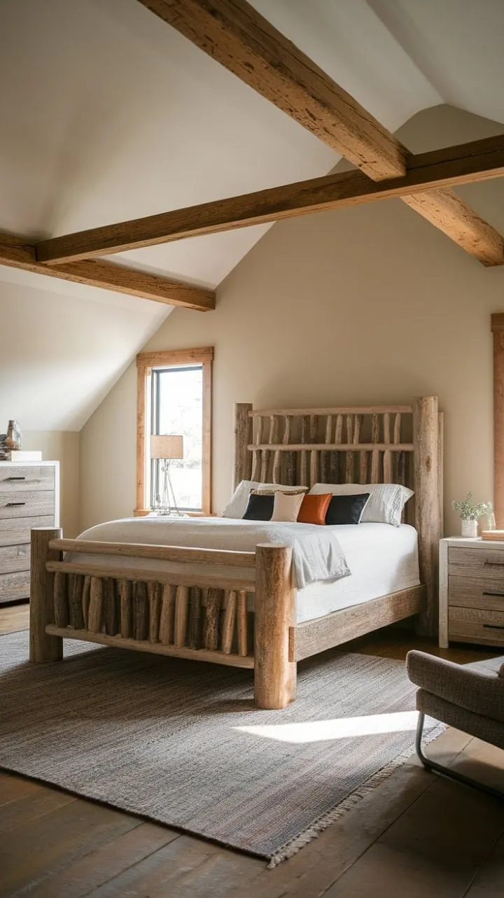 Experience serene slumber in a charming sanctuary where weathered wood and soft light harmonize under a slanted ceiling.