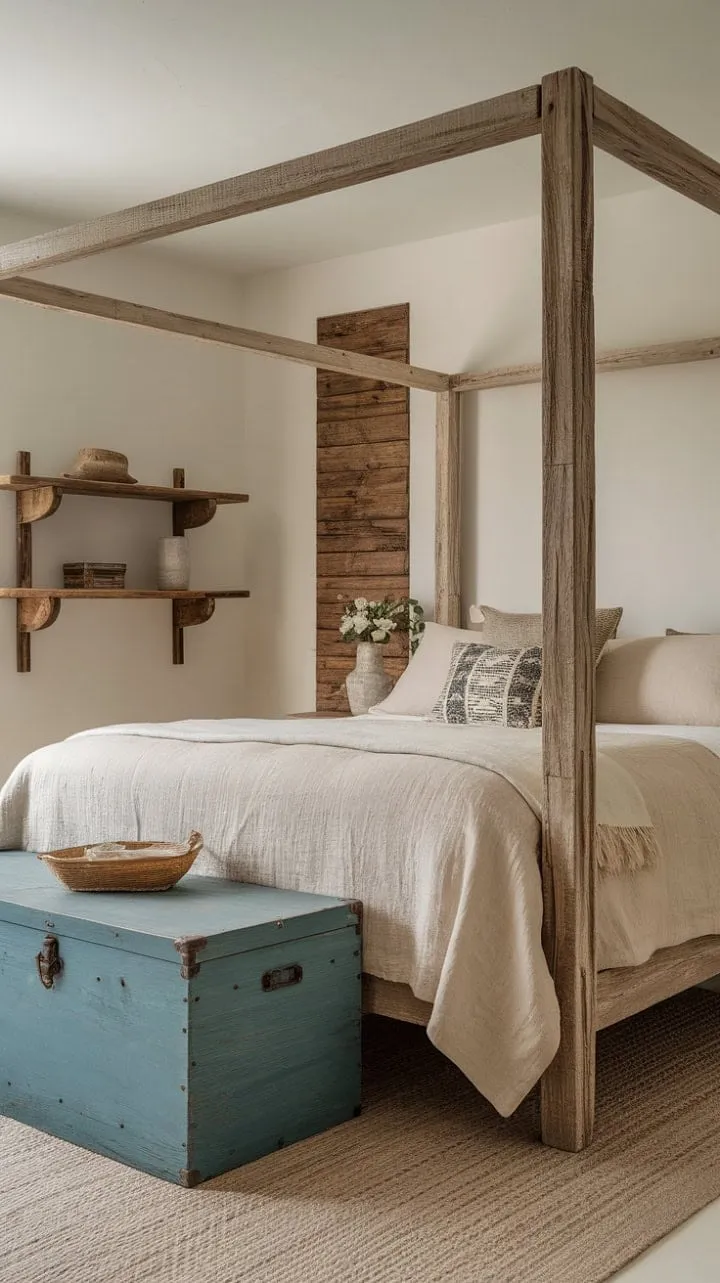 This tranquil bedroom sanctuary blends cozy comfort with rustic charm, featuring an aged wood bed frame, soft linens, and a vibrant blue storage trunk for an effortlessly stylish retreat.