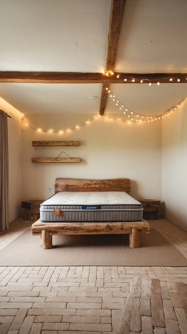 Experience serene slumber in a cozy sanctuary where fairy lights twinkle above a plush mattress and handcrafted wooden frame, merging rustic charm with modern elegance.