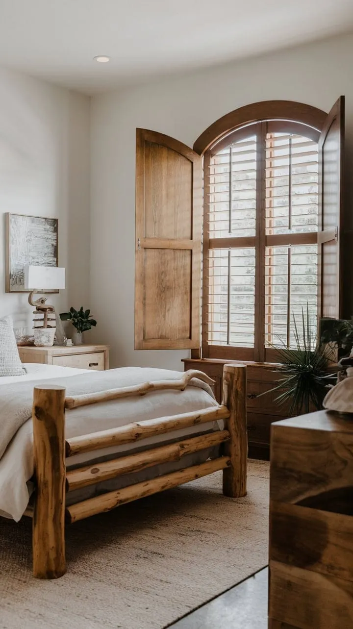 This modern rustic bedroom harmoniously combines natural wood textures and crisp white walls to create a serene retreat that invites the outdoors in for ultimate relaxation.