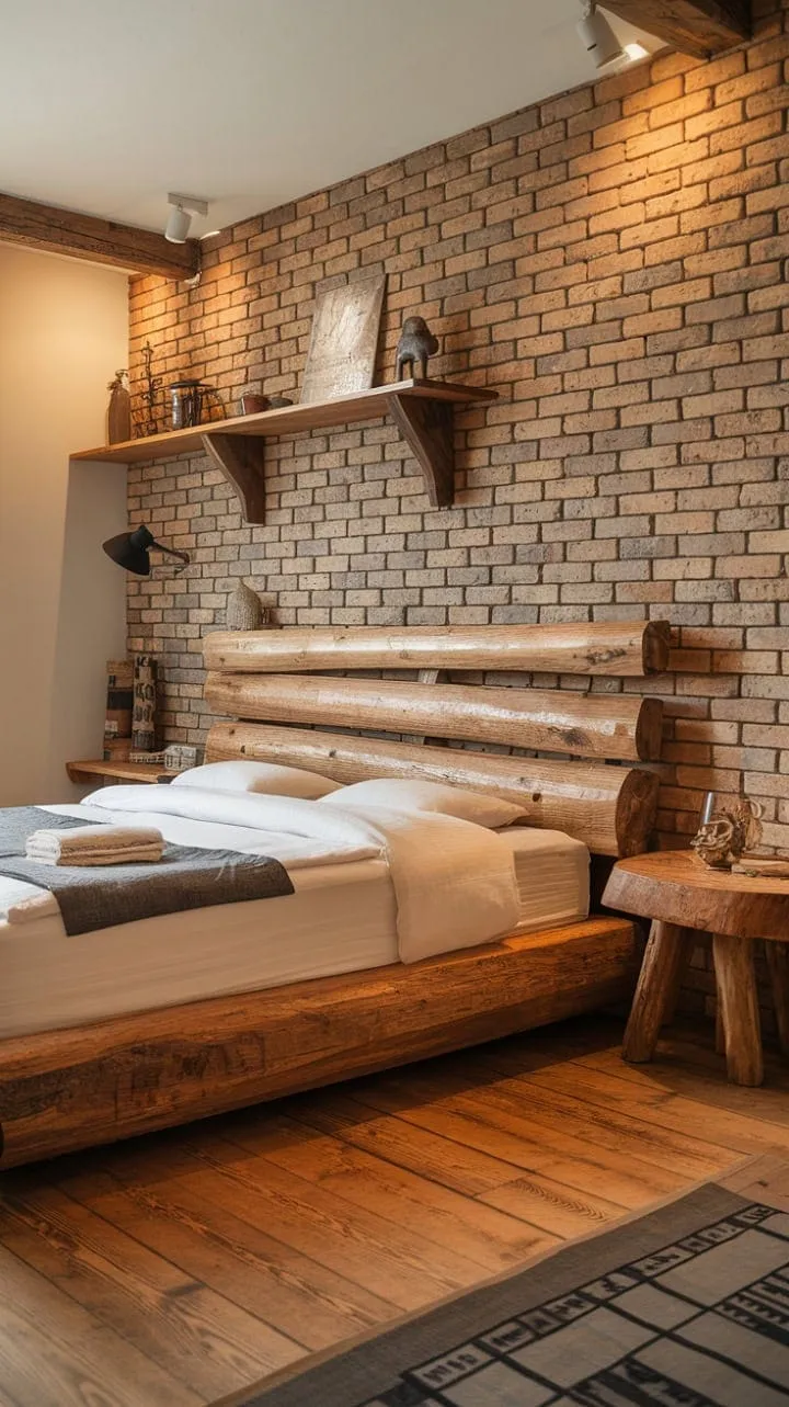 Nestled in rustic charm, this sanctuary of handcrafted comfort invites you to drift into a peaceful slumber surrounded by warmth and timeless design.