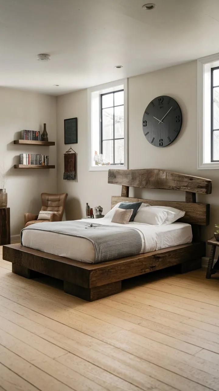 This bedroom beautifully blends rustic charm and modern elegance, featuring a striking dark wood bed frame that anchors the bright space in a serene sanctuary for relaxation.