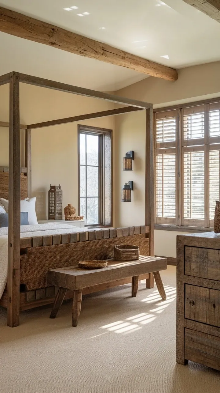 This bedroom harmoniously fuses rustic charm with modern elegance, creating a serene retreat that invites relaxation and rejuvenation.