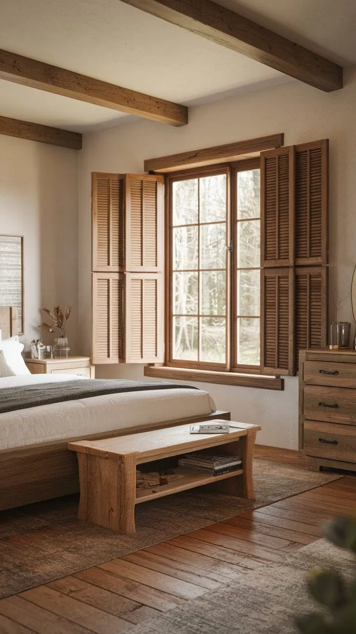 Awaken in a serene sanctuary where rustic wood beams harmonize with modern design, offering a unique and tranquil escape.