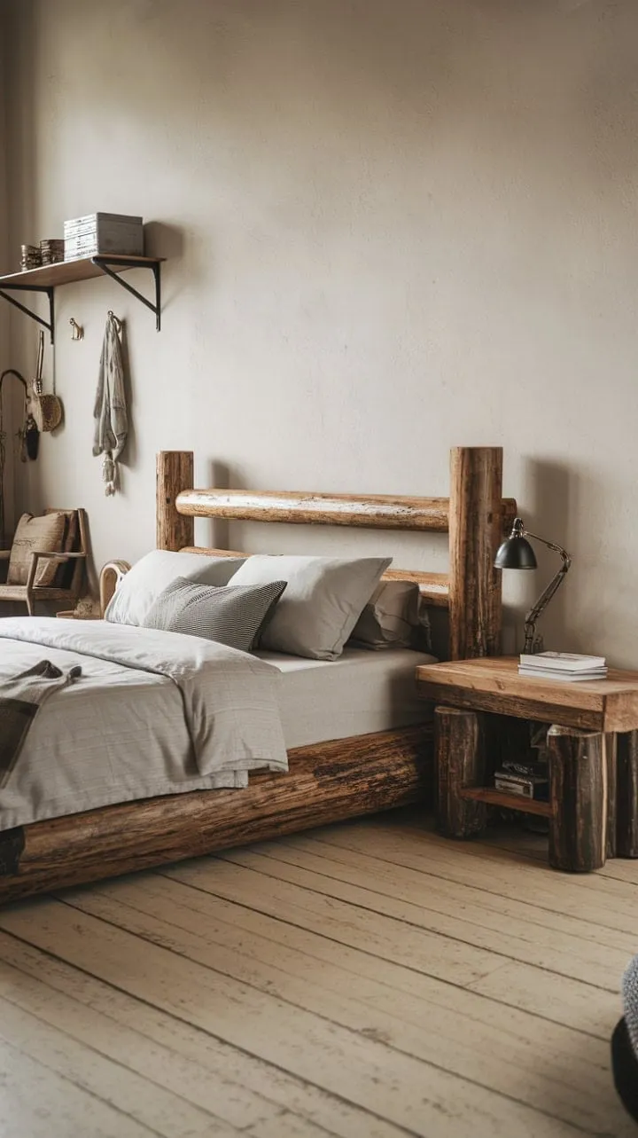 Discover tranquility in this beautifully crafted bedroom, where rustic charm meets serene elegance.