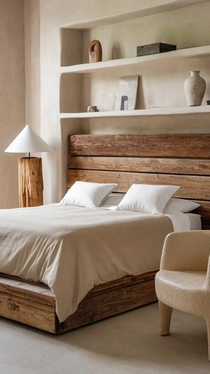 A serene escape, this thoughtfully curated bedroom harmoniously fuses rustic wood with contemporary design for an inviting yet sophisticated ambiance.