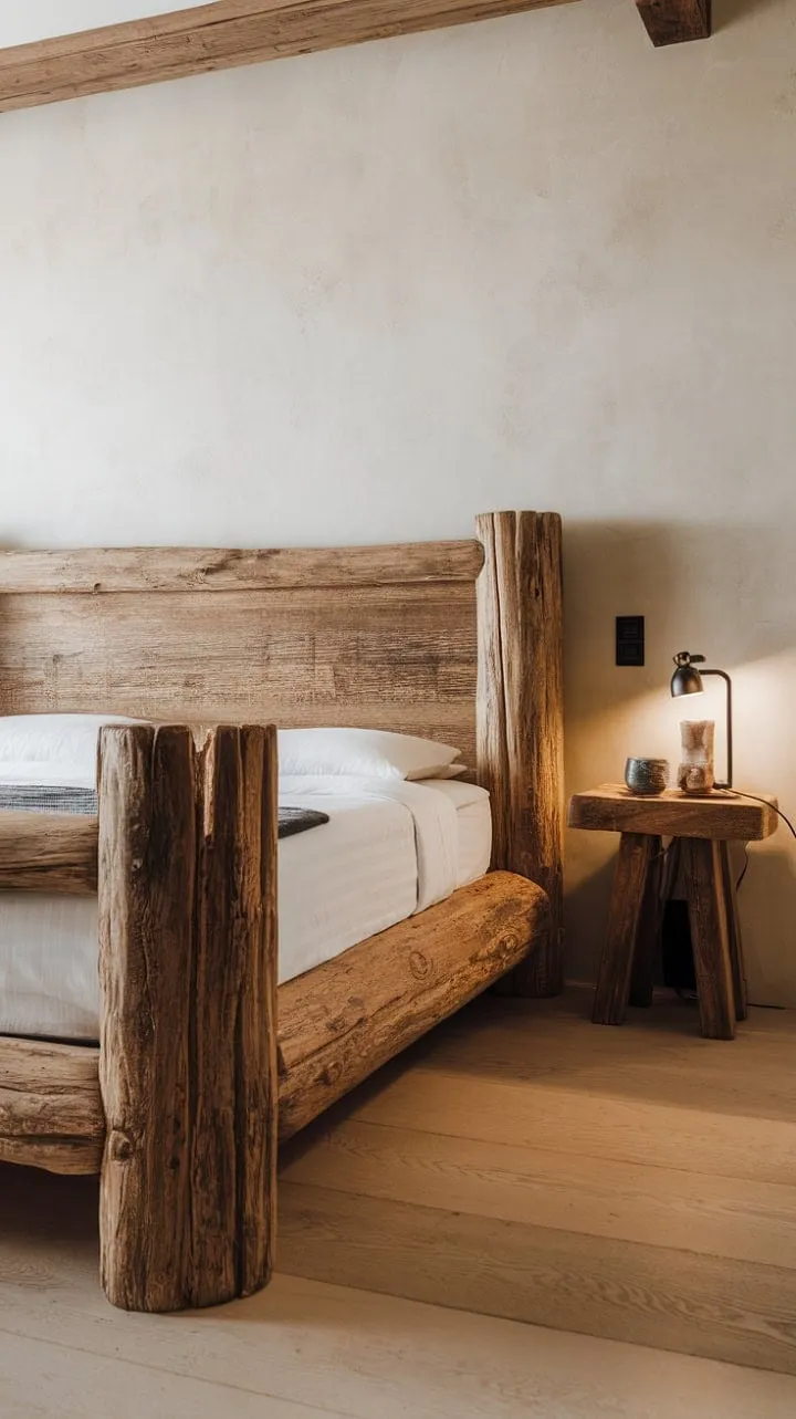 This modern rustic bedroom blends inviting warmth with sophisticated charm, offering a serene retreat that celebrates nature's beauty.