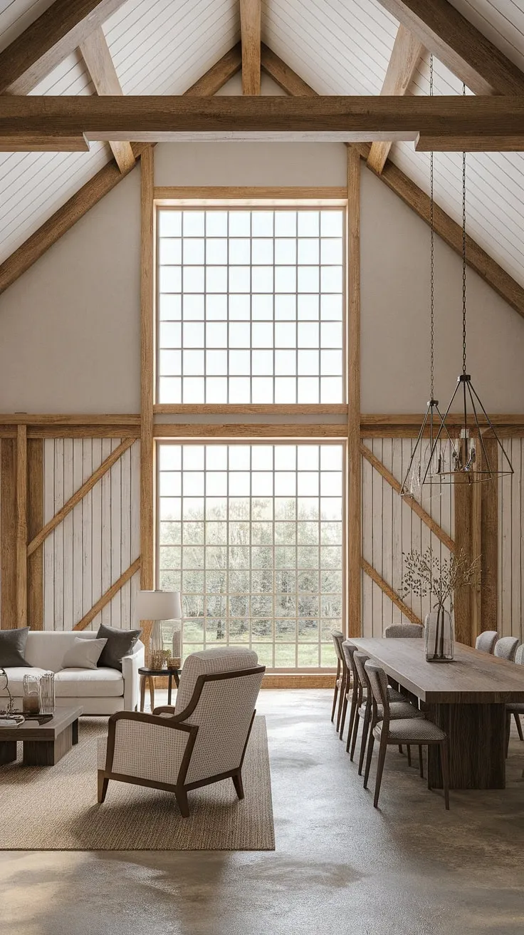 Imagine waking up in this idyllic retreat. A stunning fusion of modern and rustic farmhouse styles, this home boasts a spacious open-plan living area, perfect for family gatherings and quiet evenings. The exposed beams, concrete floors, and large windows create a unique and inviting ambiance, while the carefully chosen furniture adds a touch of refined comfort.