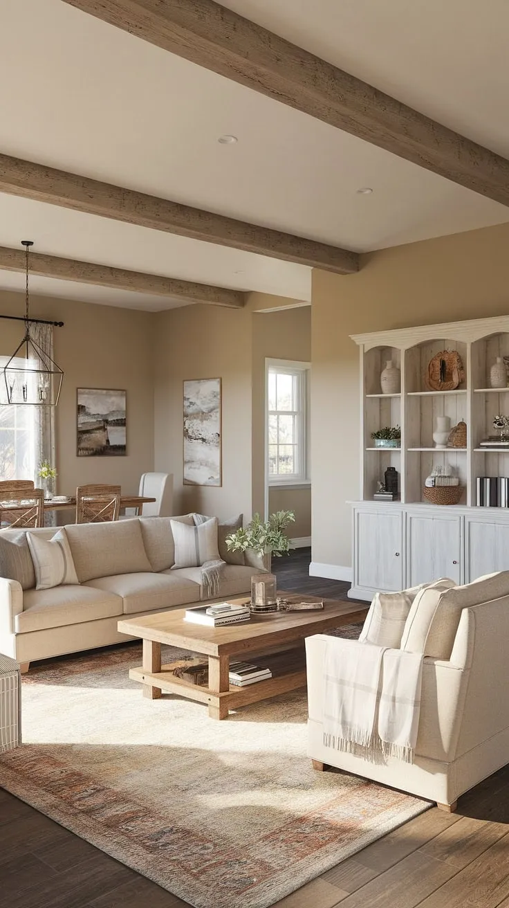 This stunning farmhouse showcases the beauty of open-concept living. The neutral color palette, accented by the warm tones of the wood beams and furniture, creates a serene and welcoming atmosphere. A testament to thoughtful design and a love for rustic charm.