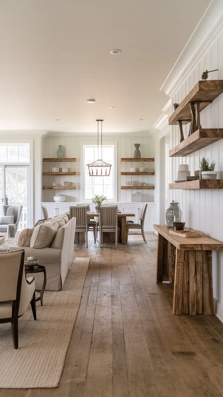 This modern farmhouse showcases the beauty of open-concept living. The rustic wooden elements, from the console table to the dining set, create a cozy and inviting ambiance. The carefully curated décor adds a touch of personality, making this space feel both stylish and comfortably lived-in.