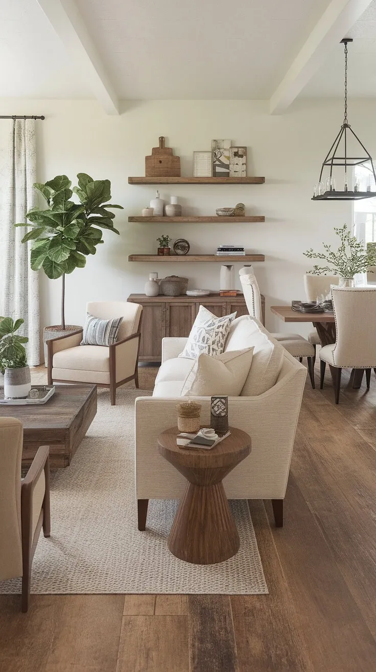 This modern rustic farmhouse seamlessly blends comfort and style. The open-plan living and dining areas, bathed in natural light, create a warm and inviting atmosphere. A thoughtfully curated collection of textures and tones, from the beige sofa to the rich wood flooring, contribute to the home's overall sense of calm and sophistication. A truly tranquil escape.