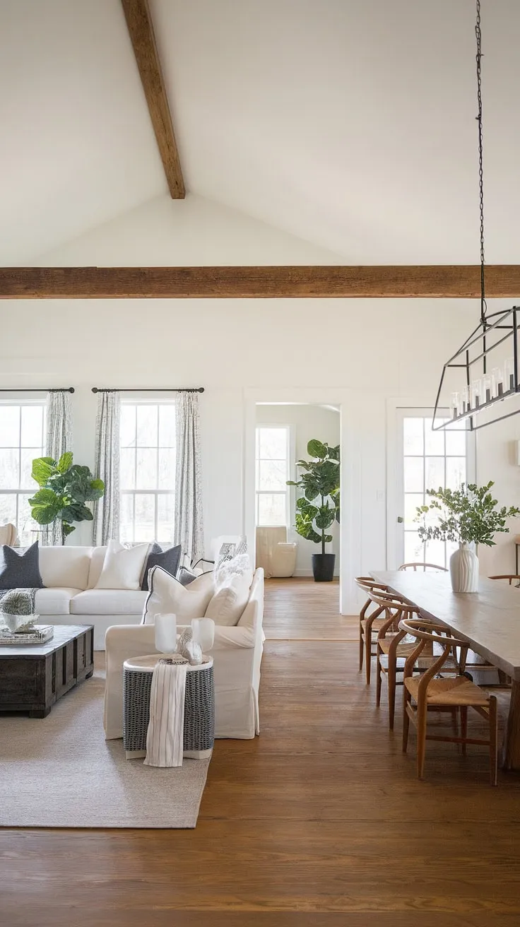 Sunlight streams through the expansive windows of this modern rustic farmhouse, illuminating the warmth of the wood floors and the inviting living and dining areas. The exposed wooden beam adds a touch of rustic charm, perfectly complementing the sleek lines of the furniture and the lush potted plants. A perfect blend of comfort and style.