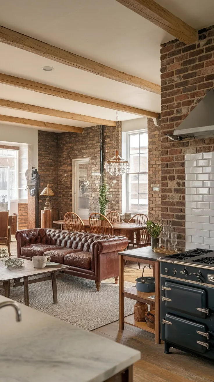 A stunning example of rustic-modern design, this farmhouse boasts a spacious open-plan layout connecting a cozy living room, a charming dining area, and a sophisticated kitchen. The carefully curated mix of vintage and contemporary pieces creates a unique and inviting space, perfect for both relaxing evenings and entertaining guests. A true testament to thoughtful design.