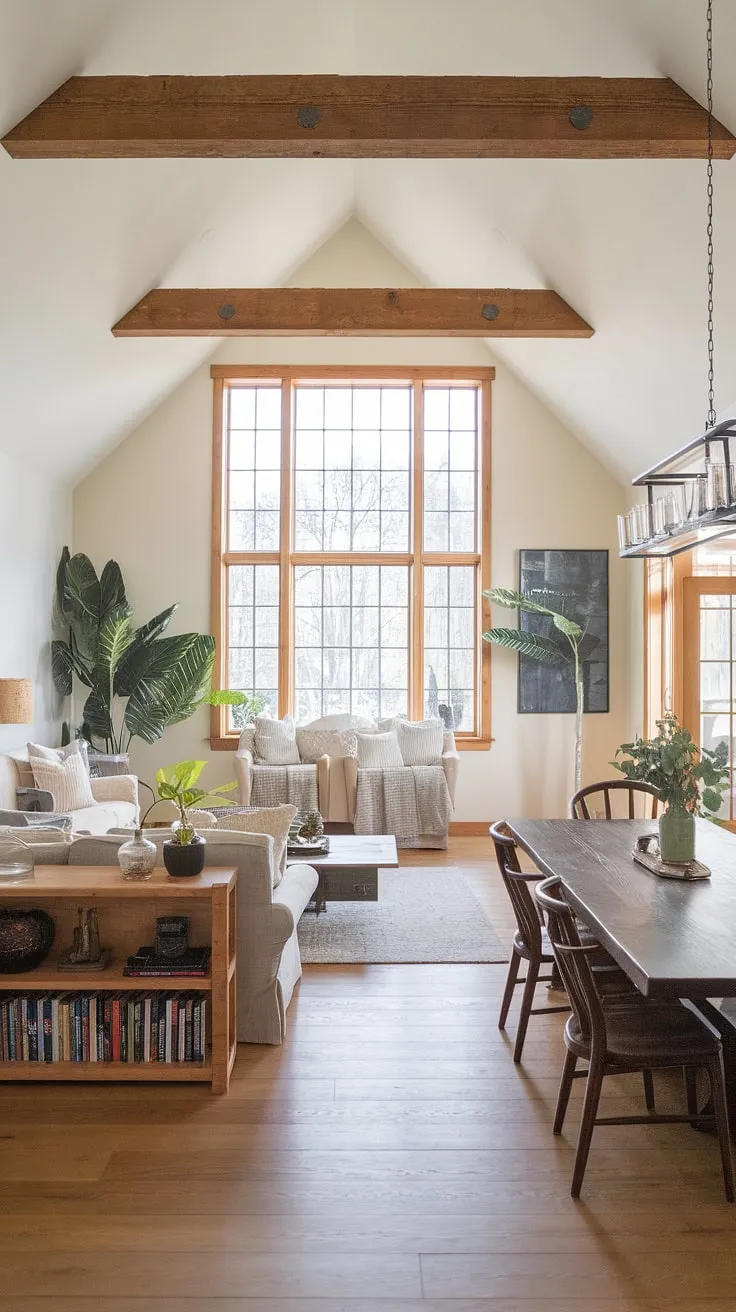 Sunlight streams through the rustic beams, illuminating the warmth of this modern farmhouse. The open-plan living and dining areas, seamlessly connected, create a space perfect for both cozy evenings and lively gatherings. A testament to comfortable, stylish living.