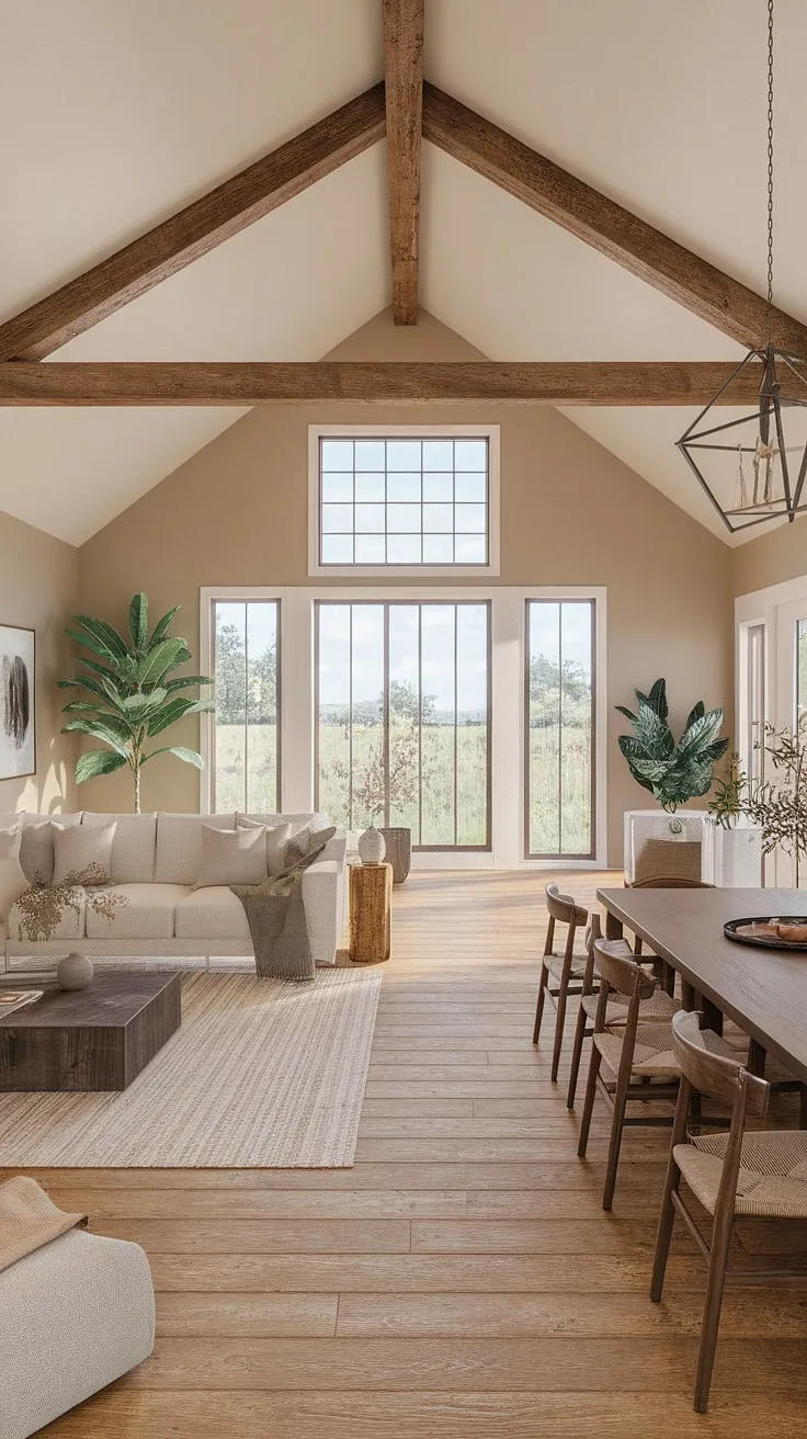 Where modern meets rustic charm. This dream home seamlessly blends contemporary comfort with the warmth of a farmhouse, creating a space that feels both inviting and effortlessly stylish. The expansive windows and high ceilings, accented by exposed wooden beams, bathe the living and dining areas in natural light, while the neutral color palette and carefully chosen furnishings create a serene and welcoming atmosphere. A perfect blend of style and functionality for comfortable living.