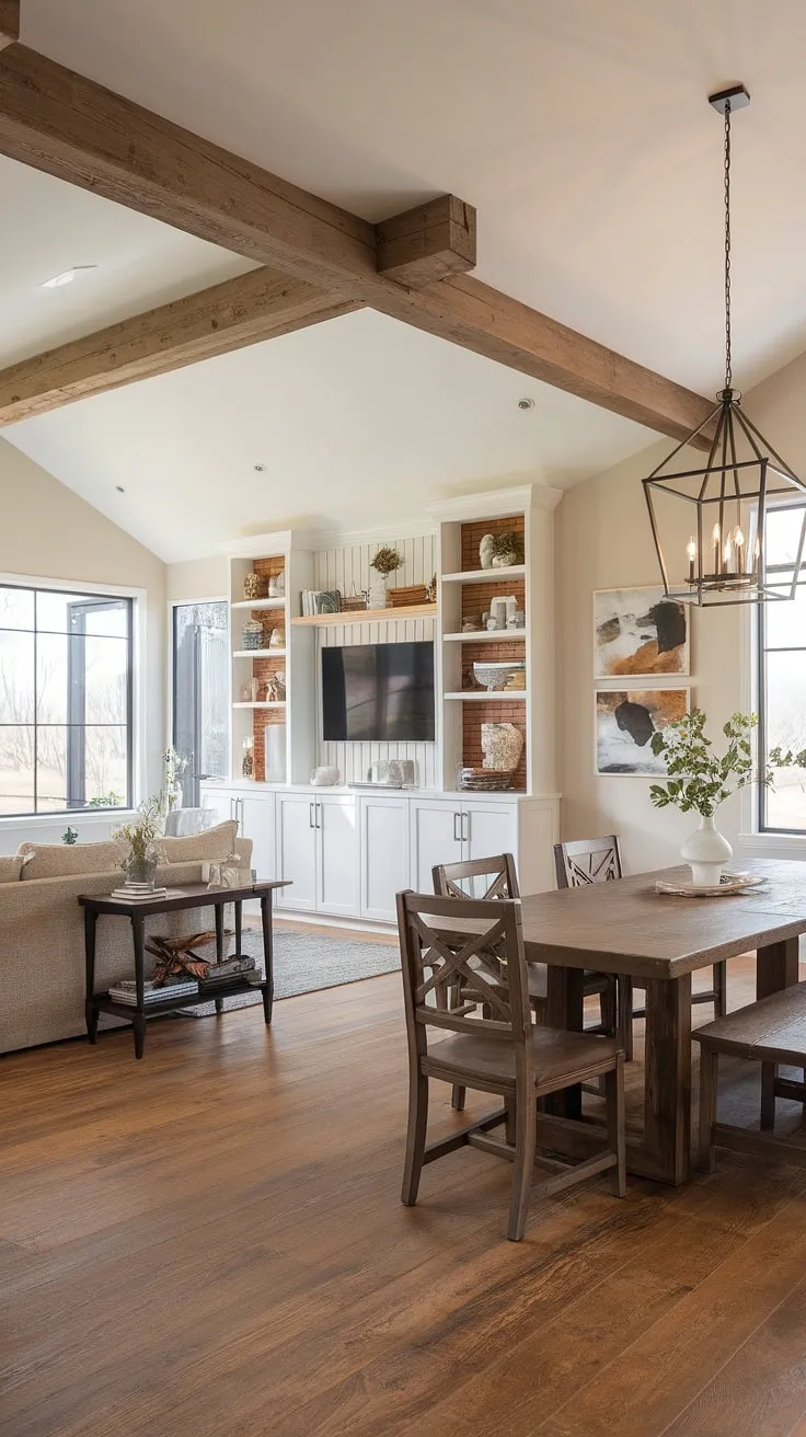 Imagine waking up in this dream home. The blend of rustic charm and modern elegance is captivating. From the exposed wooden beam to the spacious dining area, every detail is carefully considered. The comfortable living space, complete with built-in shelving and a large TV, offers both relaxation and entertainment. A sanctuary of comfort and style.