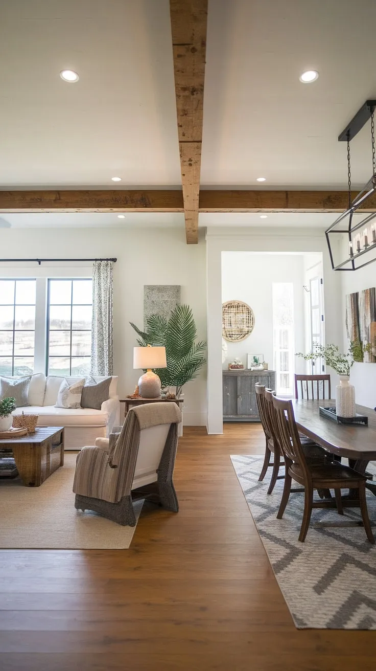 This modern rustic farmhouse seamlessly blends comfort and style. The open-plan living and dining areas, accented by exposed wooden beams and a warm color palette, create a welcoming atmosphere perfect for both relaxing evenings and lively gatherings. A thoughtfully curated collection of décor adds personality and warmth to the space.