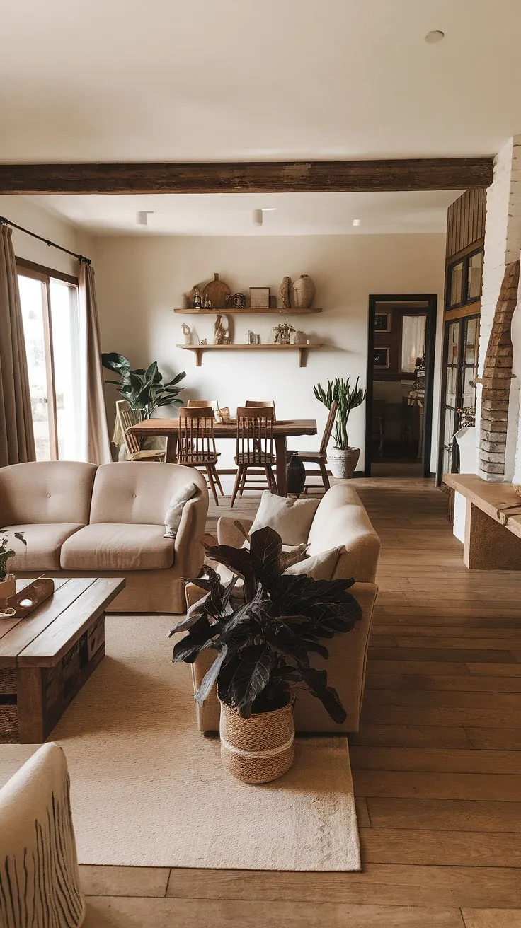 This modern rustic farmhouse boasts a stunning open-plan design, seamlessly blending the living and dining areas into one cohesive space. Natural light floods the room, highlighting the rich wood floors and the comfortable furnishings. The beige sofa, wooden coffee table, and rustic dining set create a relaxed and inviting ambiance, enhanced by the thoughtful addition of a potted plant and decorative shelving. The result is a home filled with a simple elegance and rustic charm.