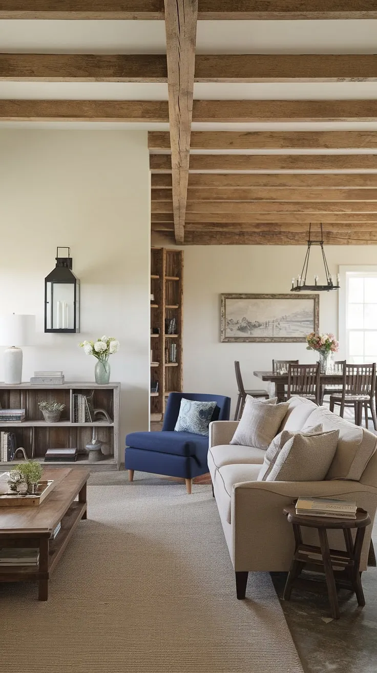 This modern rustic farmhouse effortlessly combines the best of both worlds: A sophisticated living space with a relaxed, inviting feel. The thoughtful details, from the wooden beams to the carefully chosen furnishings, create a home filled with character and warmth.