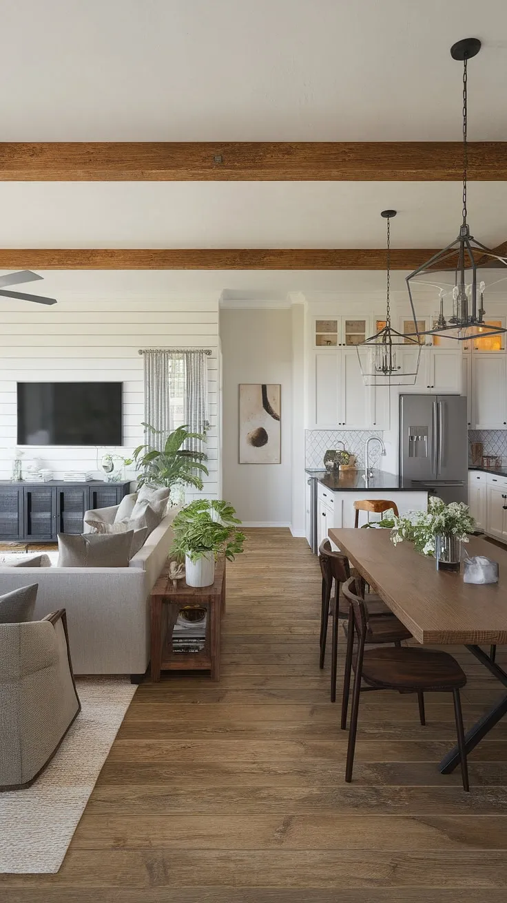 This modern rustic farmhouse seamlessly blends comfort and style. The open-plan living, dining, and kitchen areas flow effortlessly, creating a warm and inviting atmosphere perfect for both relaxing evenings and entertaining guests. A perfect blend of textures and natural light makes this home truly special.