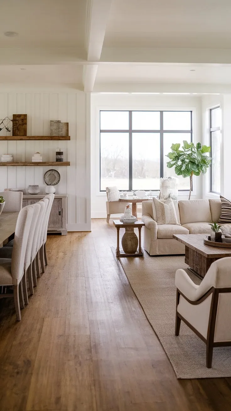 Sunlight streams through the expansive windows of this modern rustic farmhouse, illuminating the warm wood floors and inviting living space. The seamless flow between the living and dining areas, accented by tasteful beige furnishings and a touch of greenery, creates a welcoming atmosphere perfect for both relaxation and entertaining. A curated collection of decorative items on the wooden shelving adds a personal touch.