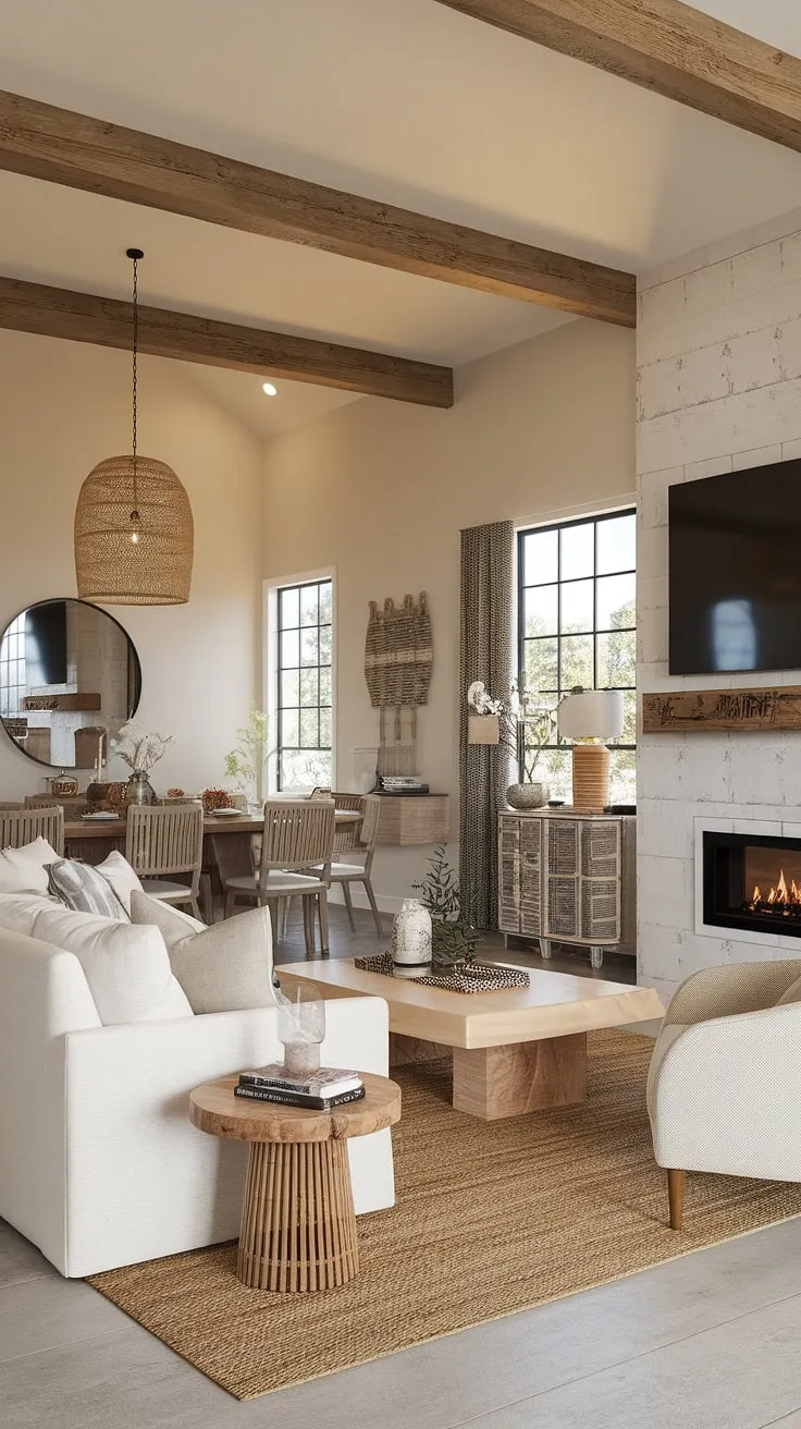 This dream home seamlessly blends modern comfort with rustic charm. The open-plan living and dining areas create a warm and inviting atmosphere, perfect for both relaxing evenings and entertaining guests. The large fireplace is a stunning focal point, while the carefully chosen furnishings and decor add a touch of elegance. A true testament to thoughtful design.