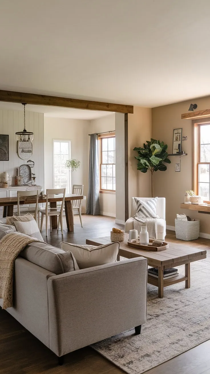 A haven of tranquility and style. This open-plan living and dining area showcases the best of modern farmhouse living. The careful selection of textures and natural materials, combined with the thoughtful placement of A few key pieces, creates a space that is both beautiful and functional.