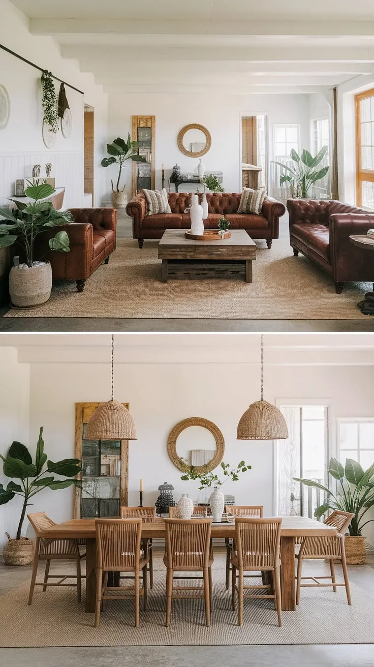 Where modern meets rustic charm. This open-plan living and dining area seamlessly blends sleek lines with the warmth of natural wood and leather, creating a space that's both inviting and sophisticated. The carefully curated décor, including potted plants and carefully chosen artwork, adds a touch of personality and warmth.