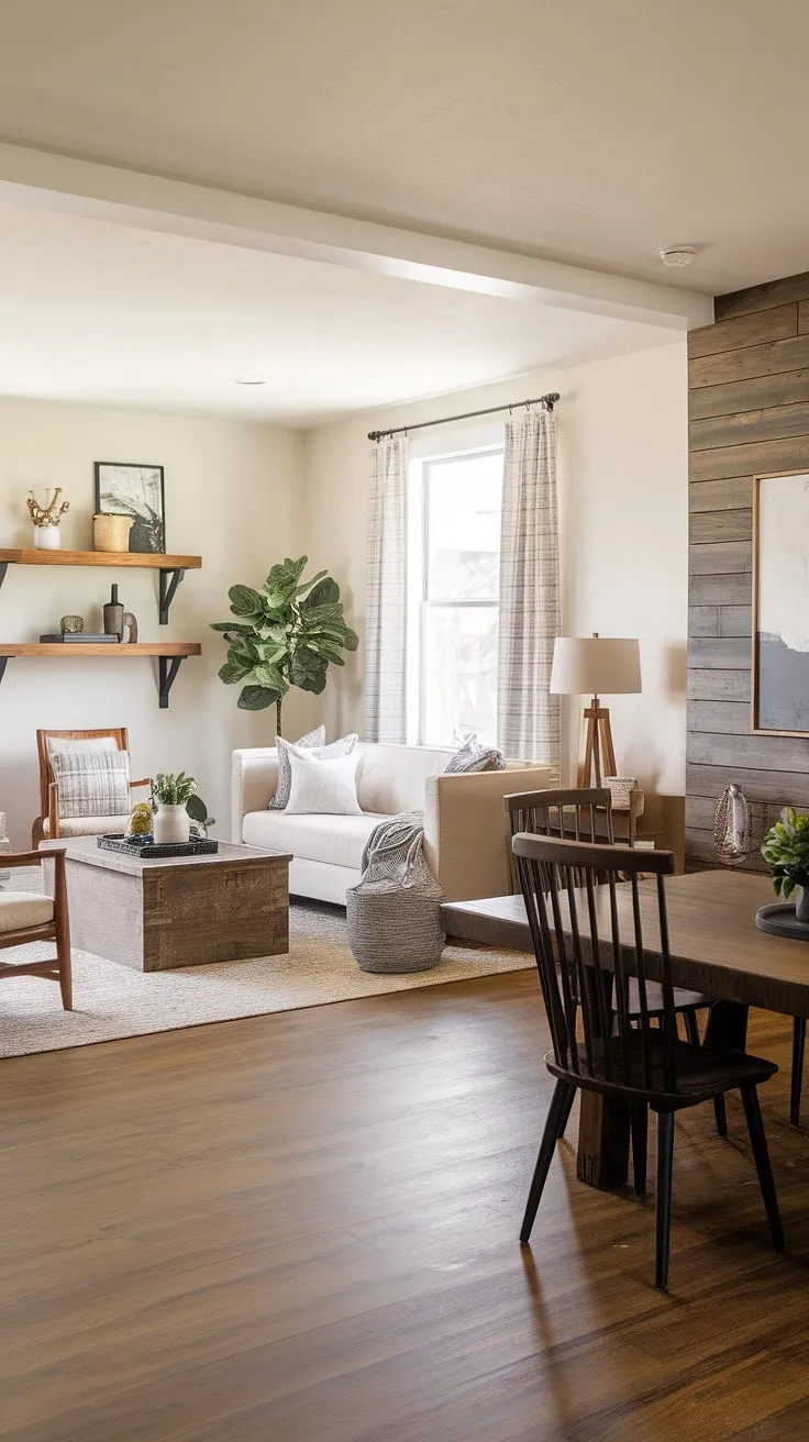 This modern rustic farmhouse seamlessly blends comfort and style. The open-plan living and dining areas create a warm and inviting atmosphere, perfect for both relaxing evenings and lively gatherings. Natural light streams in, highlighting the rich wood tones and carefully chosen décor. A testament to thoughtful design and the beauty of simple living.