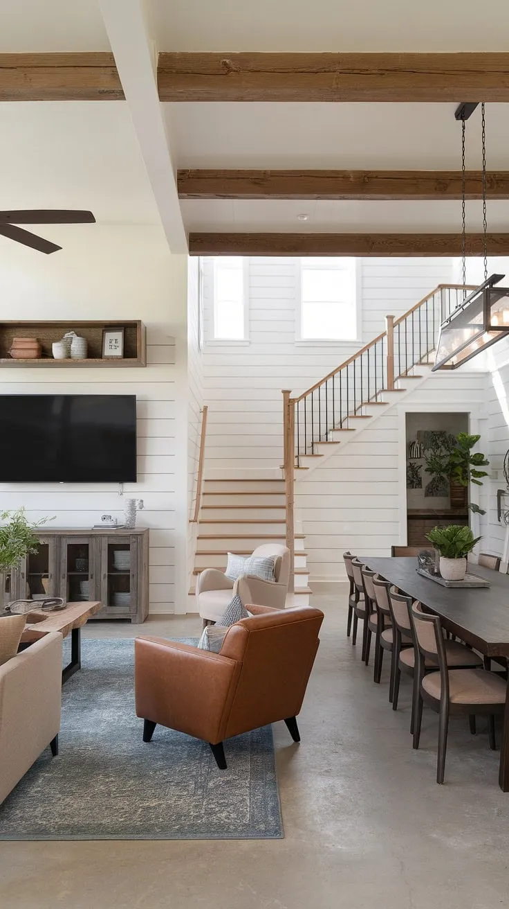 The heart of this home is a stunning open-concept design, where the rustic charm of the farmhouse meets the clean lines of modern living. Natural light floods the space, highlighting the rich textures of wood and leather. The thoughtfully curated décor, including the statement area rug and the elegant light fixture, adds personality and warmth. This is a space designed for connection and comfort, a true testament to the beauty of thoughtful design.
