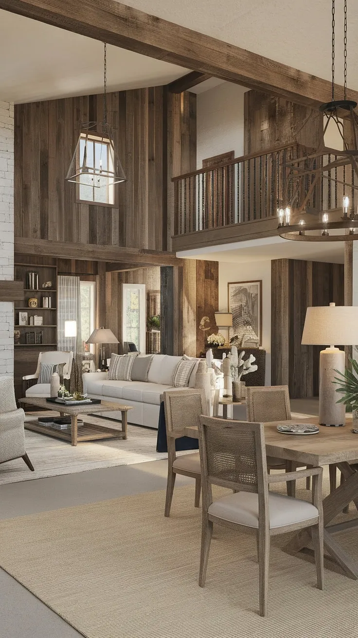 This modern rustic farmhouse seamlessly blends comfort and style. The open-plan living and dining areas create a warm and inviting atmosphere, perfect for both relaxing evenings and lively gatherings. Natural wood tones and carefully chosen décor create a space that feels both lived-in and luxurious. A testament to the beauty of thoughtful design.