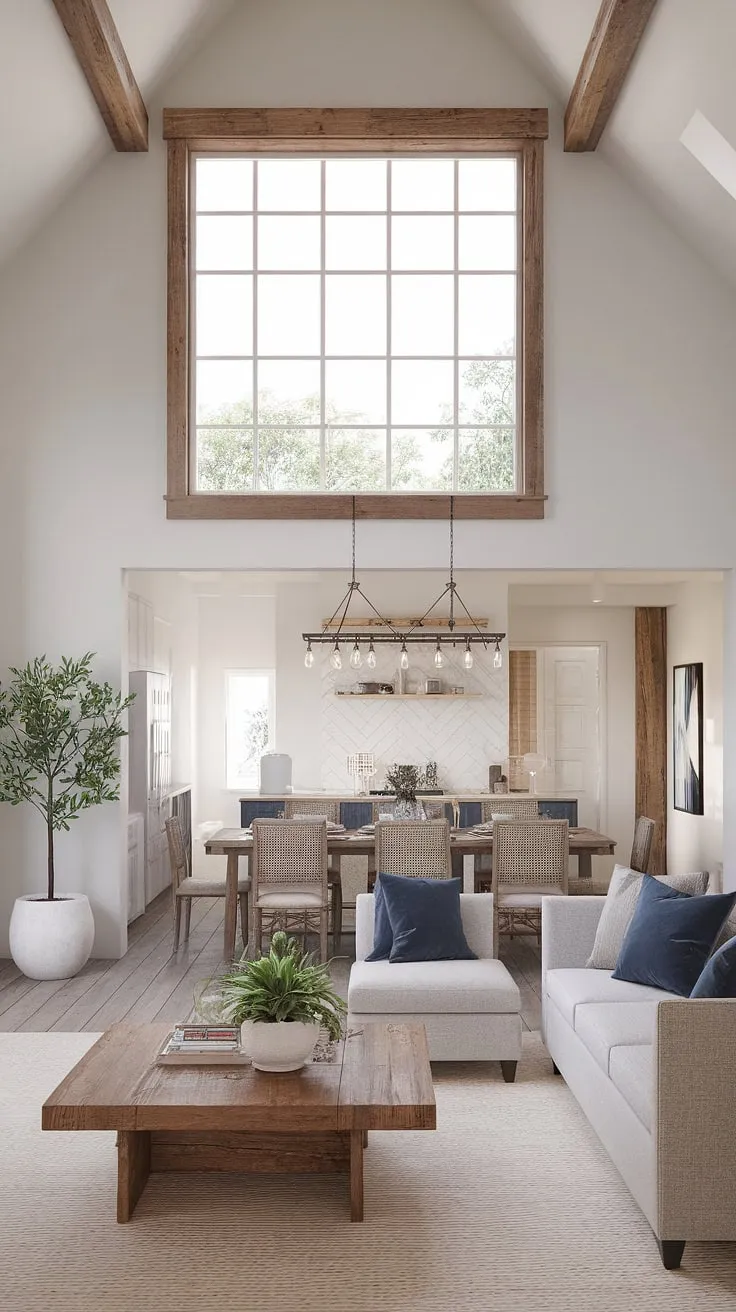 This stunning modern rustic farmhouse boasts a breathtaking living space, defined by exposed wooden beams and a calming color palette. The spacious layout, complete with a cozy living area and a welcoming dining space, promises comfort and sophistication in equal measure. A true testament to elegant, functional design.