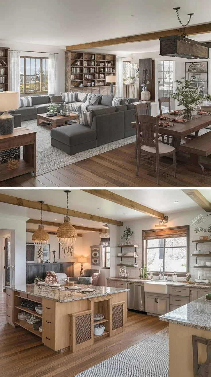 This modern rustic farmhouse seamlessly blends comfort and style. The open-concept design, featuring a spacious living area with a cozy sectional, a charming dining space, and a well-appointed kitchen with granite countertops, creates a warm and inviting atmosphere perfect for both everyday living and entertaining. The natural light and thoughtful details throughout add to the home's overall appeal.