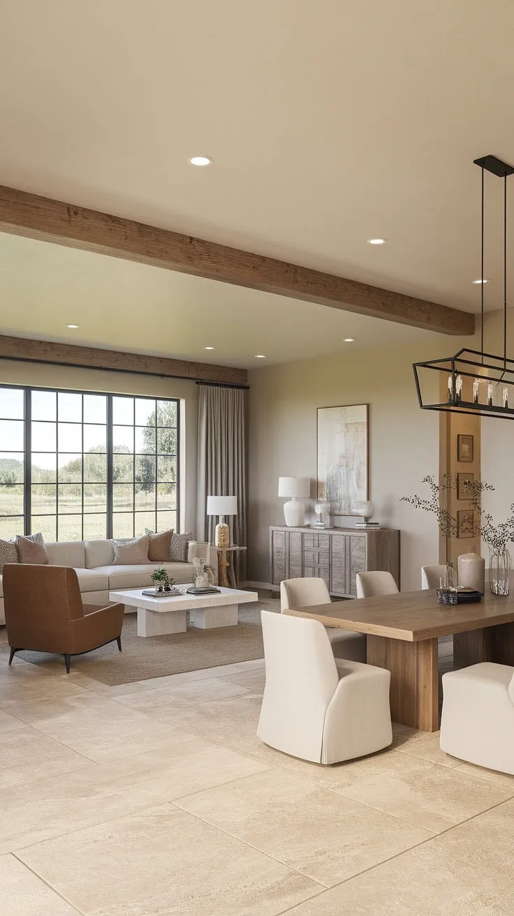 Sunlight streams through the expansive window, illuminating the airy living space and highlighting the seamless blend of rustic charm and modern elegance. The neutral palette, punctuated by warm wood tones and comfortable furnishings, creates a welcoming atmosphere perfect for both intimate gatherings and relaxed evenings. This home effortlessly balances comfort and style.
